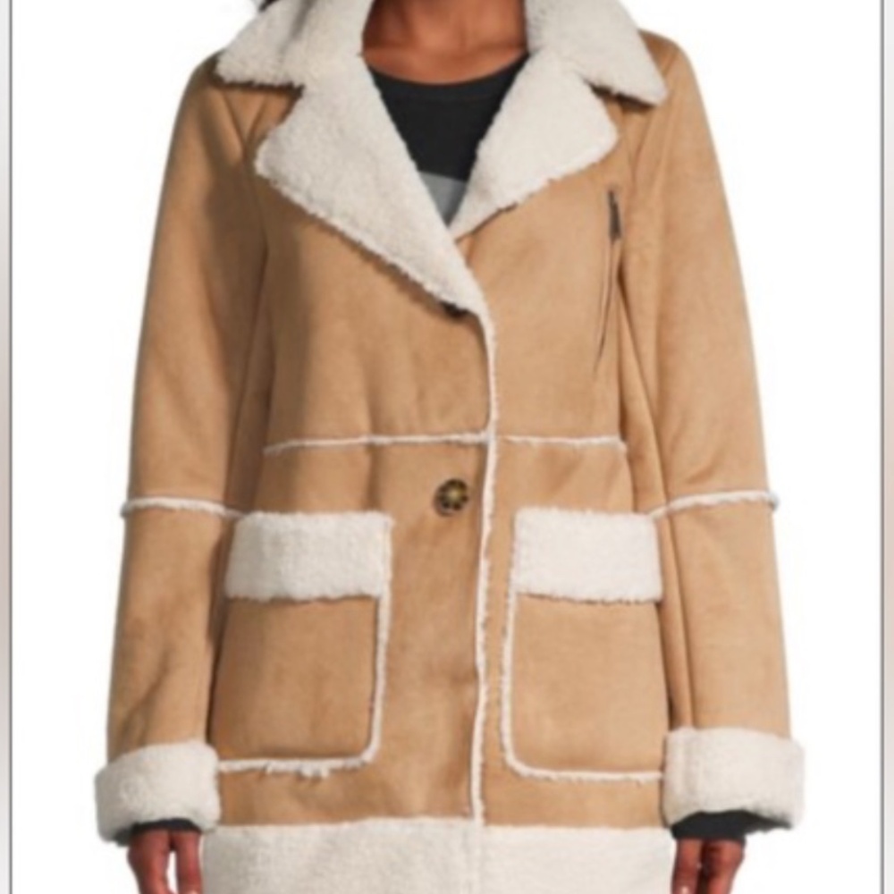 BCBG‎ midi coat. Faux suede camel ivory Sherpa lined coat. Size XS. $290 MSRP